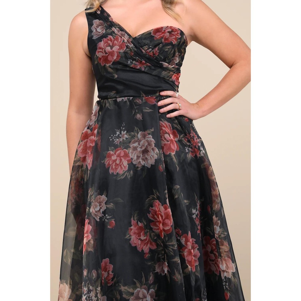 Lulus Truly Extraordinary Black Floral Organza One-Shoulder Maxi Dress Large - Picture 7 of 8